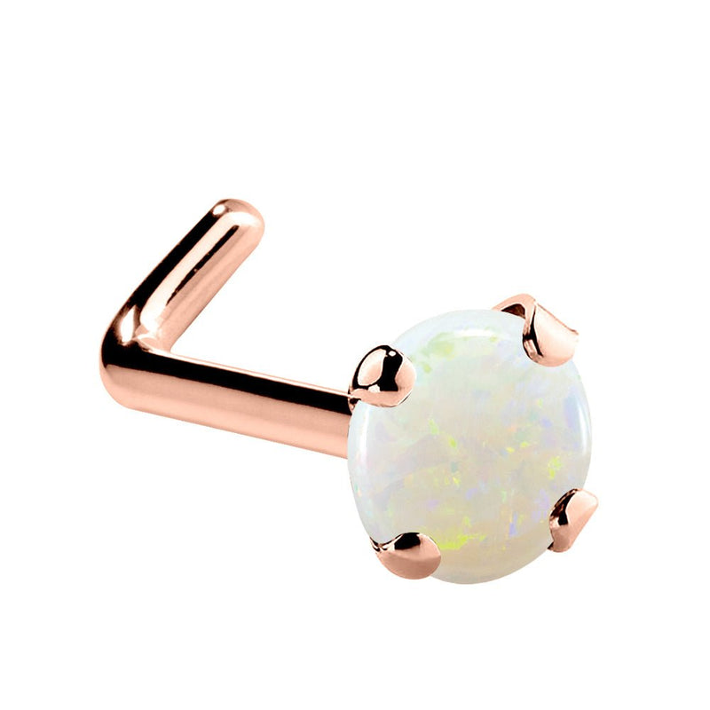 14K rose gold genuine opal L-shape nose ring, 3mm large opal showing play of color