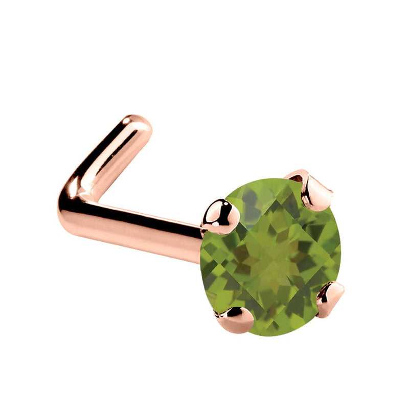 14K rose gold peridot L-shape nose ring with 3mm large genuine green stone, side view