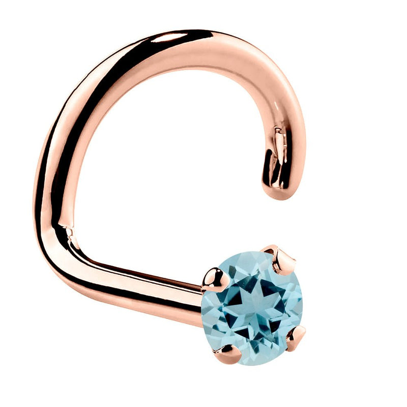 14K rose gold aquamarine nose ring twist style with 1.5mm tiny blue gemstone, side view