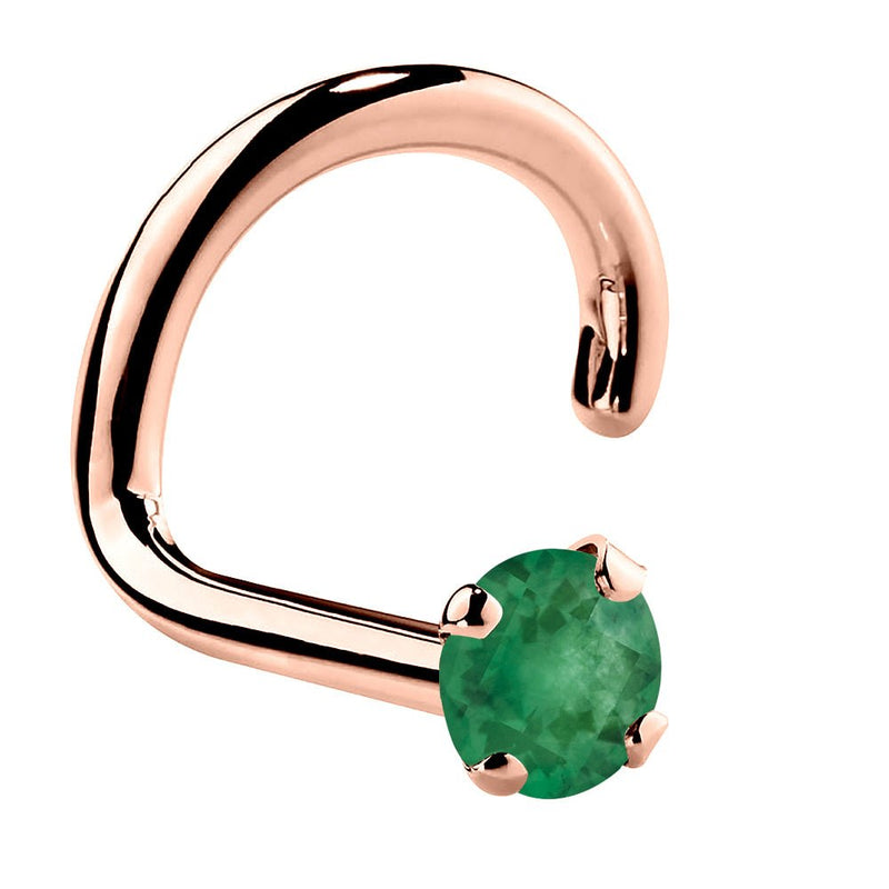 14K rose gold genuine emerald nose ring twist style with 1.5mm tiny prong-set green stone