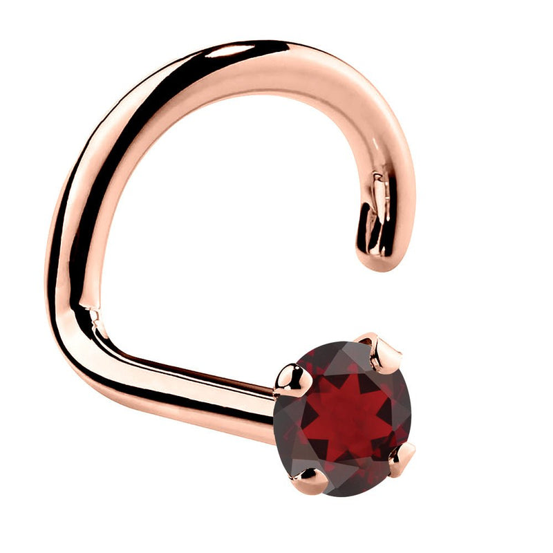 14K rose gold garnet nose ring twist style with 1.5mm tiny red garnet in four-prong setting