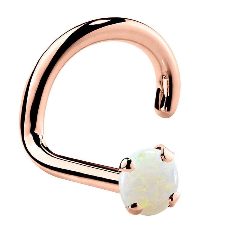 14K rose gold genuine opal nose ring twist style, 1.5mm tiny opal with warm pink metal