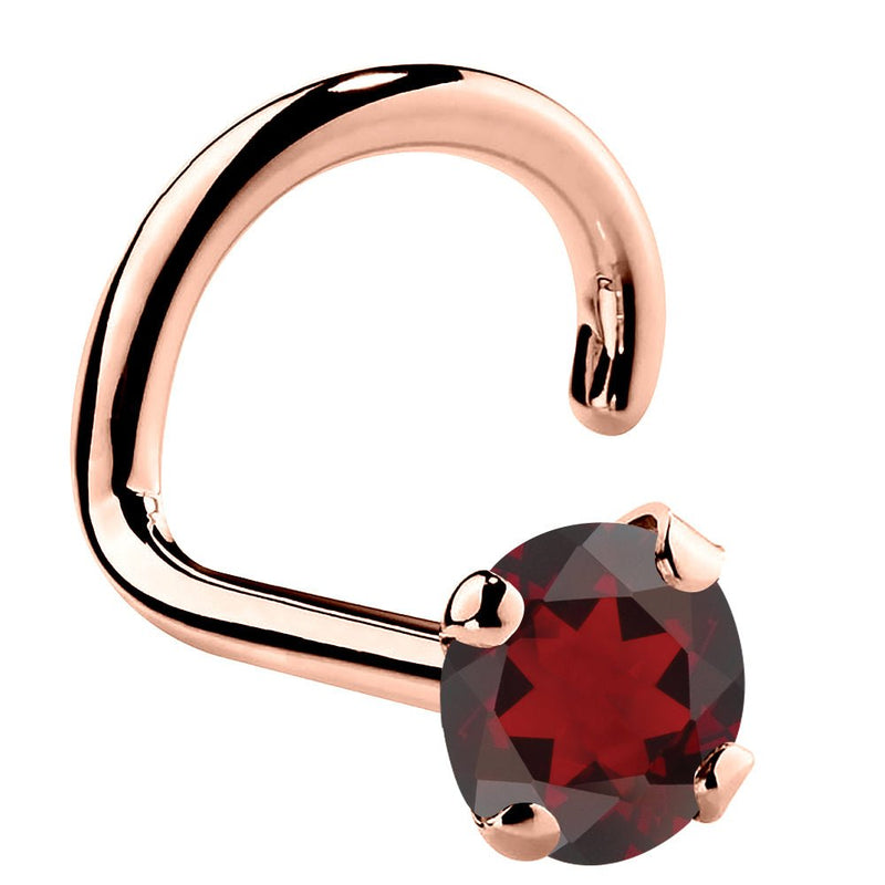 14K rose gold garnet nose ring twist style with 3mm large genuine red garnet, angled view