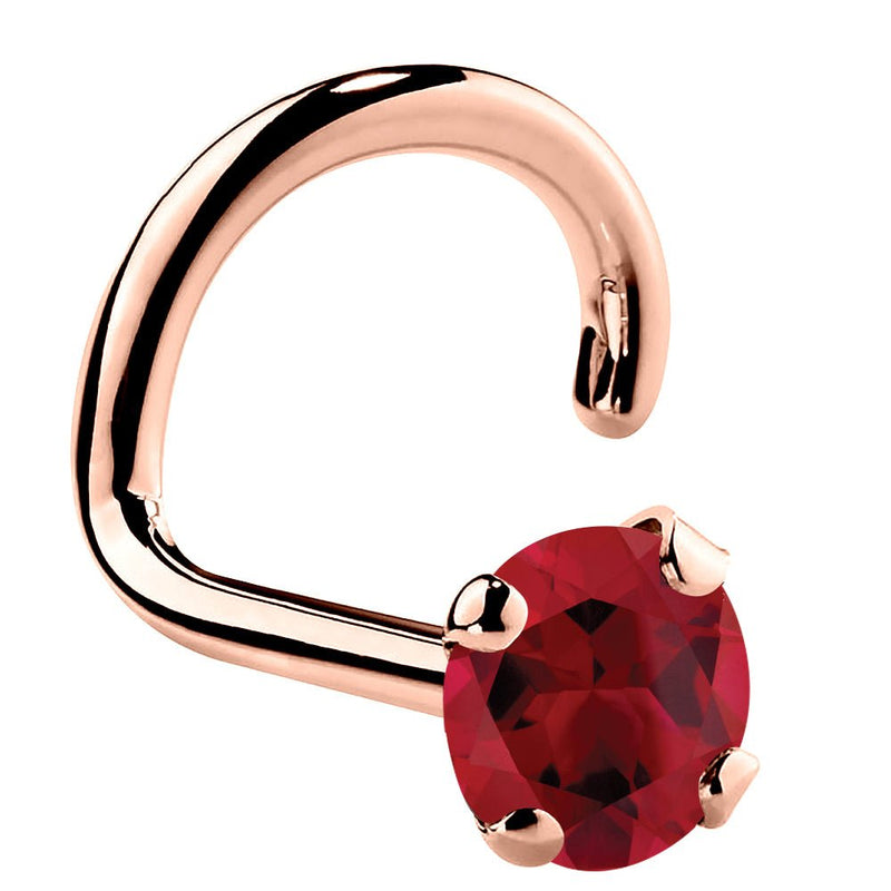 14K rose gold genuine ruby twist nose ring with 3mm large ruby, prominent prong-set stone detail