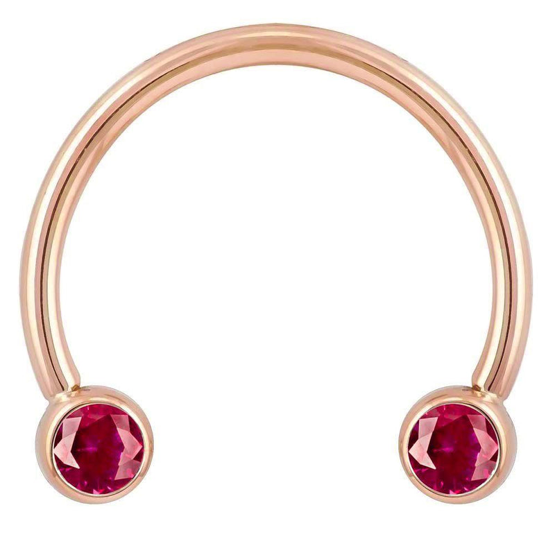 14k rose gold circular barbell with dual red CZ round bezel ends, smaller diameter front view