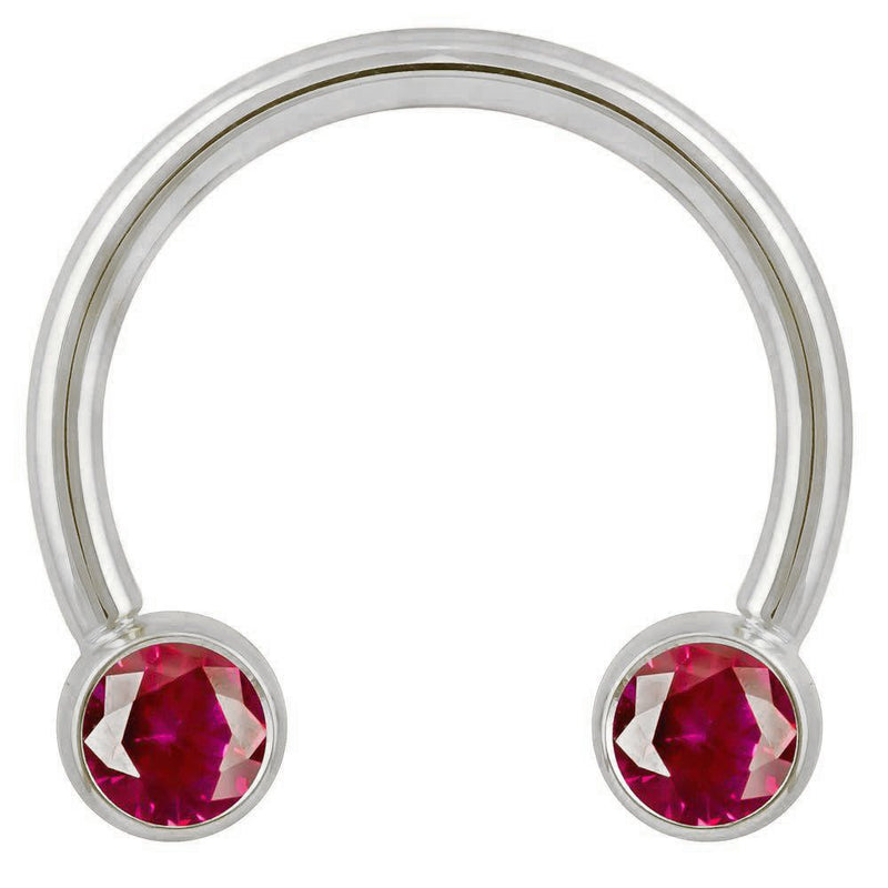 14k white gold circular barbell with dual red CZ round bezel ends, front view