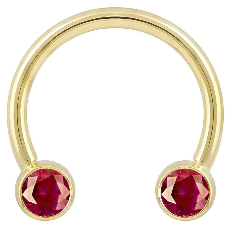 14k yellow gold circular barbell with dual red CZ round bezel ends, front view