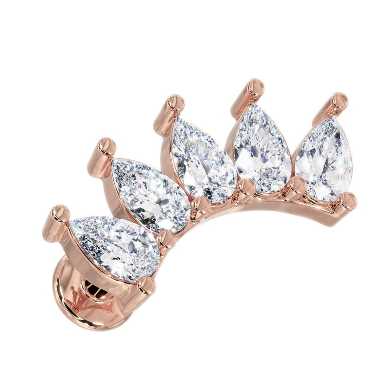 14k rose gold crescent climber cartilage stud with 5 pear-cut white sapphires, angled front view