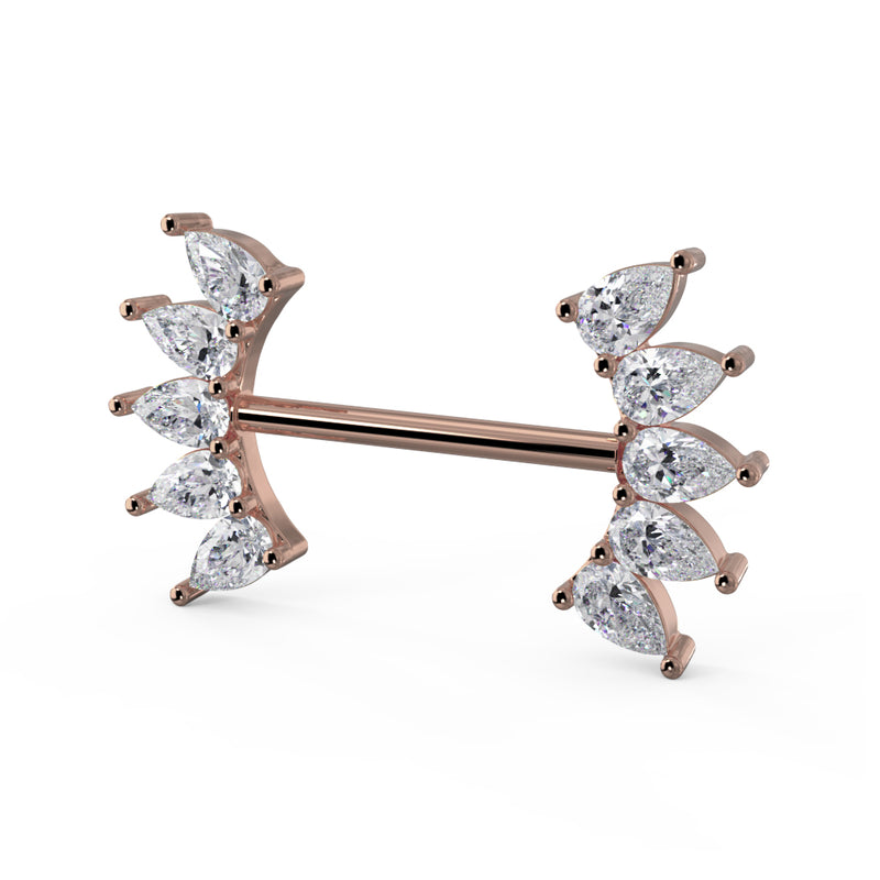 Angled side view of 14k rose gold white sapphire crescent nipple barbell showing depth of setting