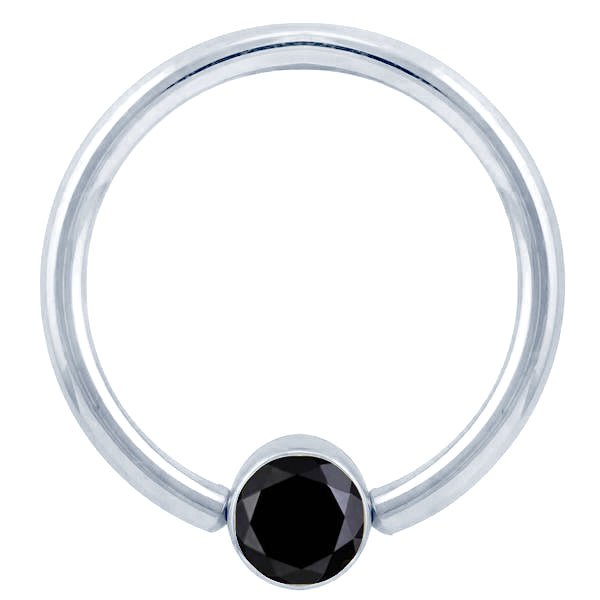 14K white gold fixed bead ring with bezel-set round black diamond, front view