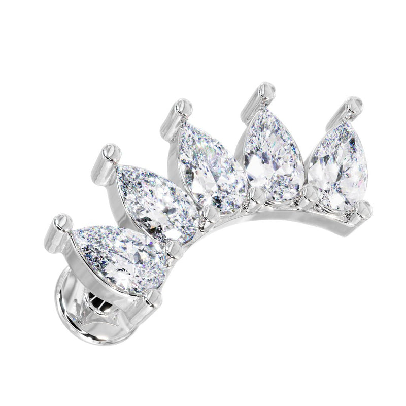 14k white gold 5-pear white sapphire crescent climber labret, angled front view showing prong detail