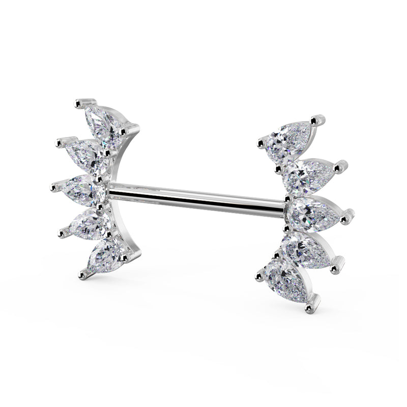Angled side view of 14k white gold white sapphire crescent nipple barbell showing barbell and prong detail