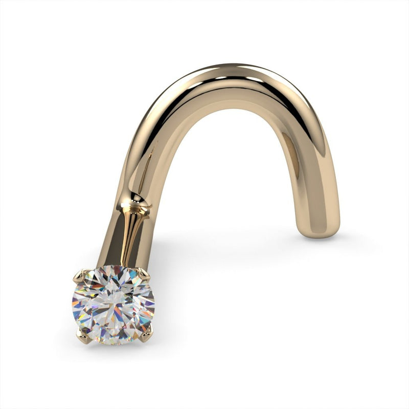 14k yellow gold 1.5mm diamond nose stud, twist style, angled front view with curved end visible