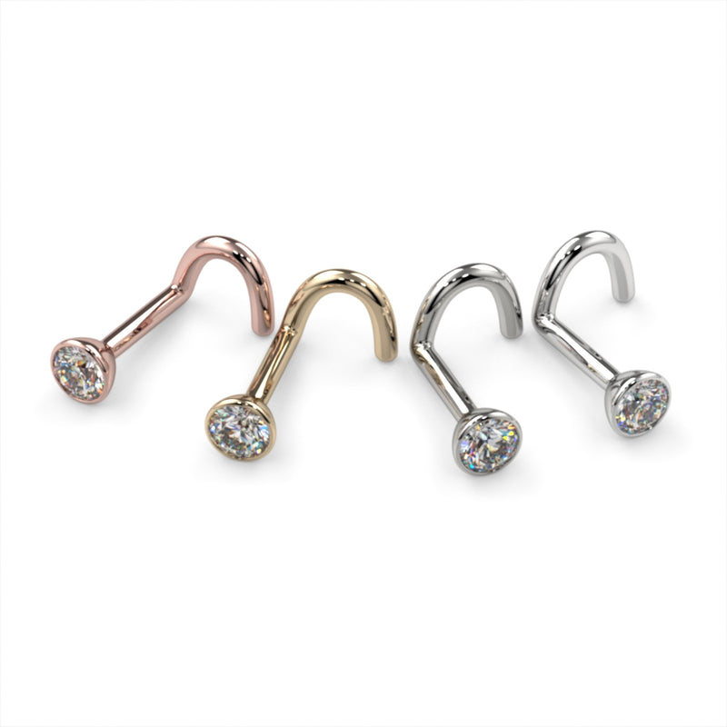 2.5mm diamond bezel nose ring twist style in four metals: rose gold, yellow gold, white gold, platinum