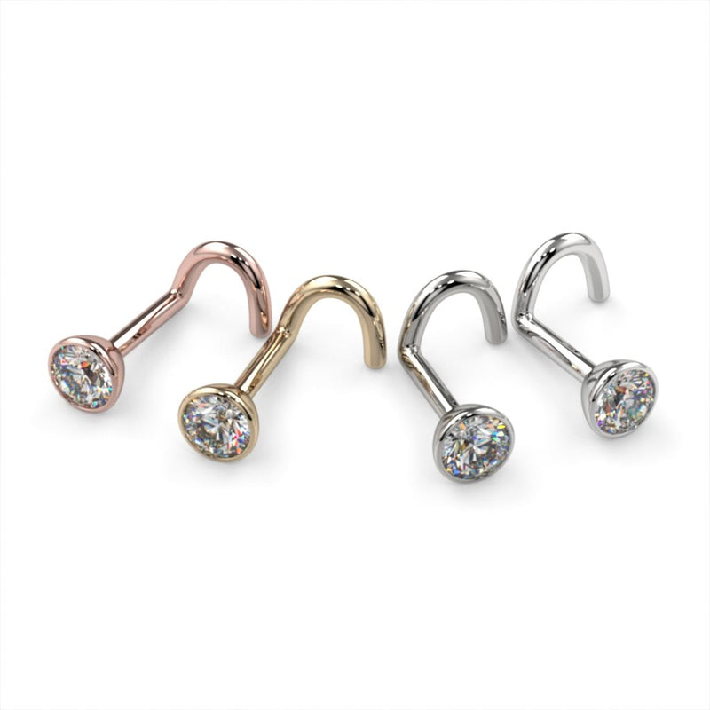 3mm diamond bezel nose ring twist style in all four metal options: rose gold, yellow gold, white gold, platinum