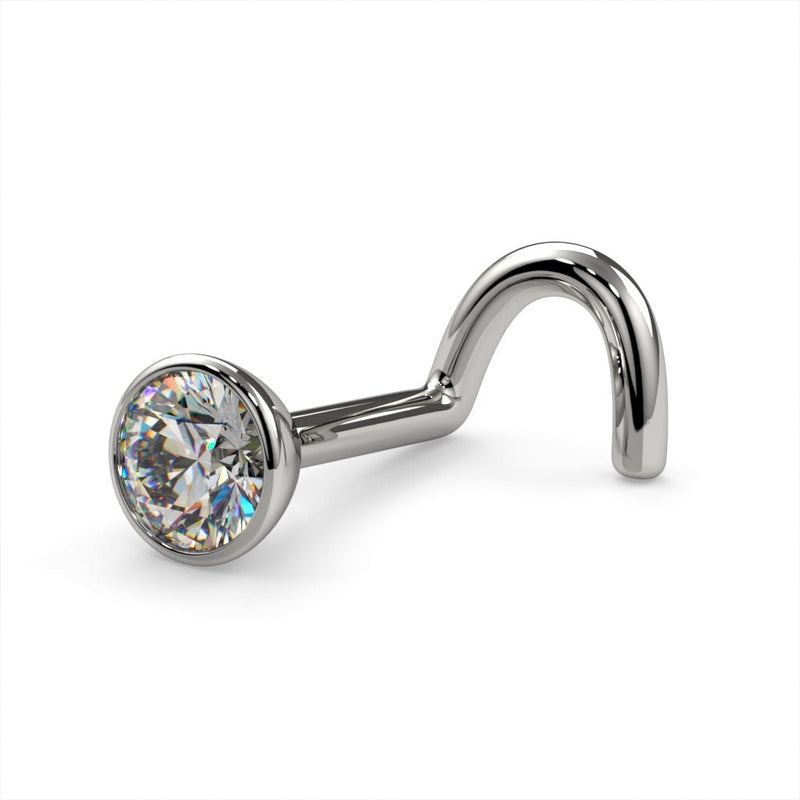14k white gold 3mm diamond bezel nose ring twist style, lower angled view showing post and stone detail