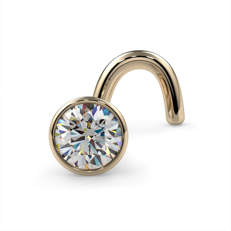 14k yellow gold 3mm diamond bezel nose ring twist style, angled front view showing warm gold tone