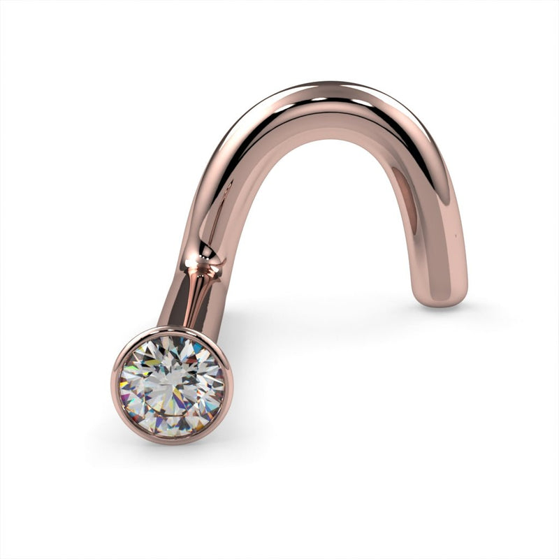 14k rose gold 1.5mm diamond bezel nose ring twist style, angled front view