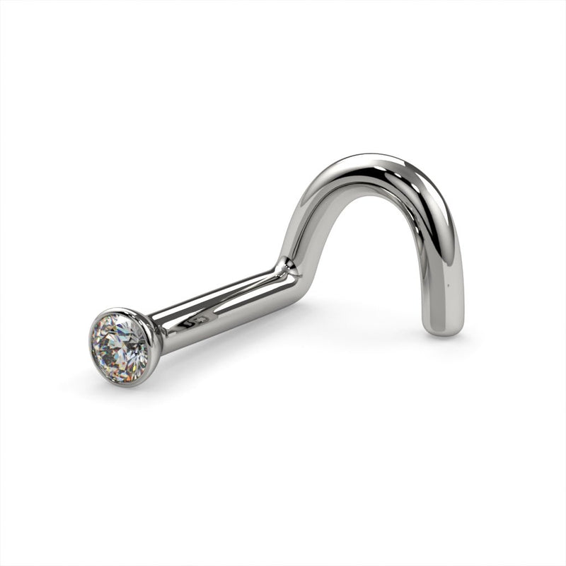 14k white gold 1.5mm diamond bezel nose ring twist style, lower angled side view
