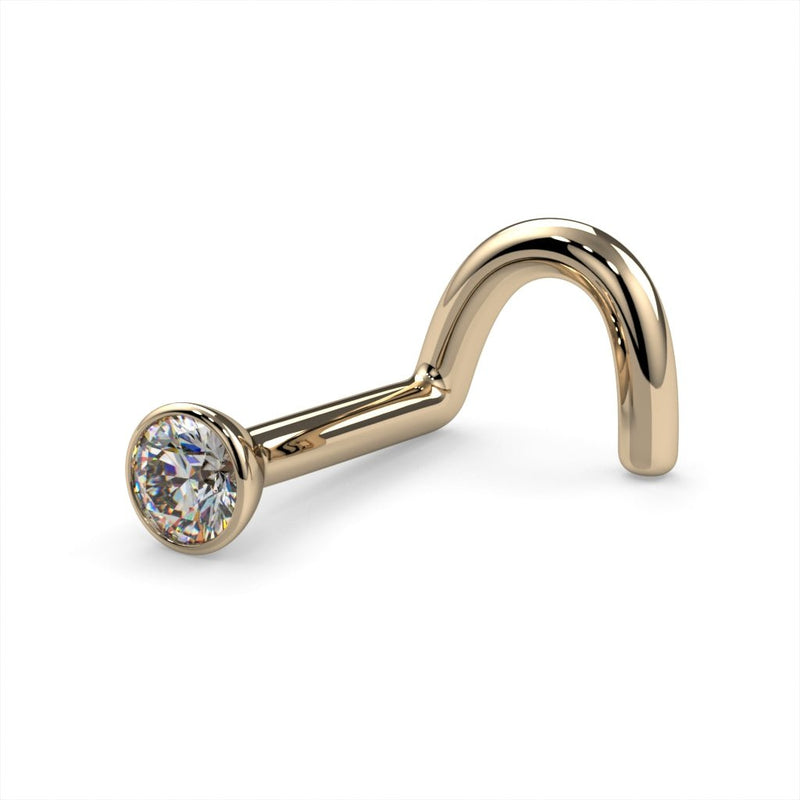 14k yellow gold 2mm diamond bezel nose stud, twist style, angled side view