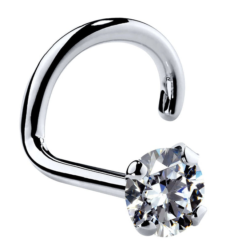 14k white gold CZ nose ring twist style, angled view showing spiral backing and martini prong setting