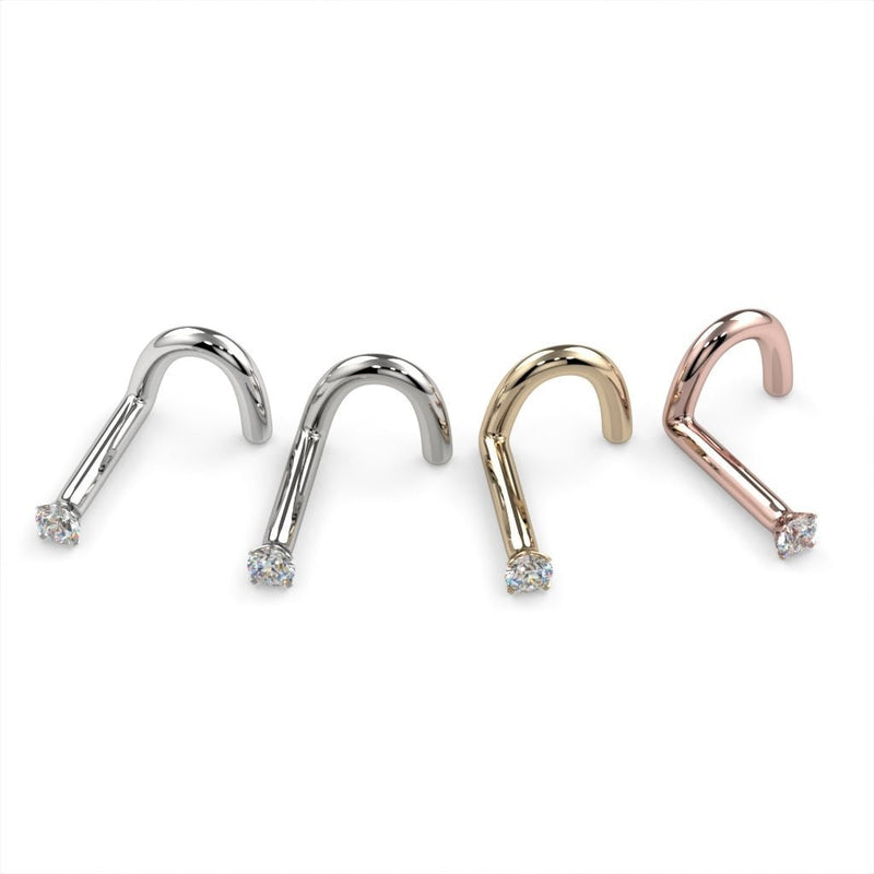 1.7mm diamond twist nose ring in all four metal colors: platinum, white gold, yellow gold, rose gold
