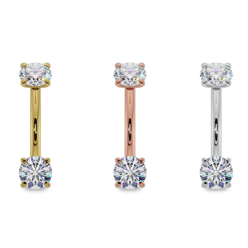 Side-by-side comparison of 3mm CZ curved barbell in 14k yellow, rose, and white gold options