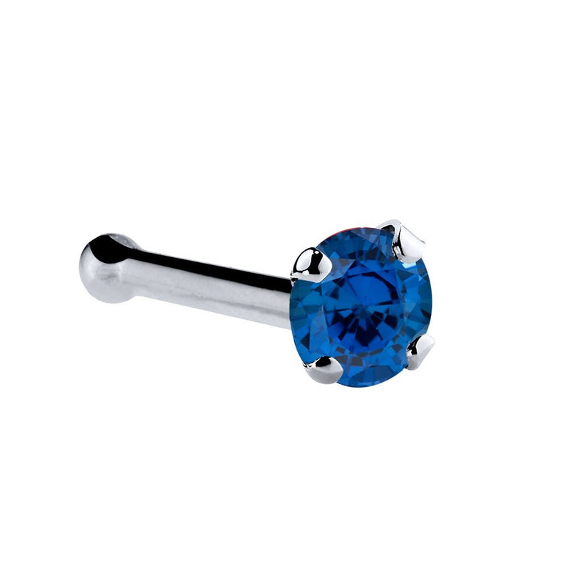 Platinum blue sapphire nose bone with 1.5mm tiny stone in four-prong setting, angled view
