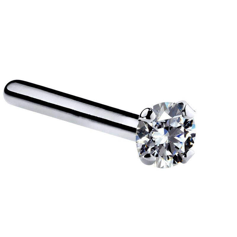 1.7mm CZ nose ring in 14k white gold straight pin post style, showing long bendable post