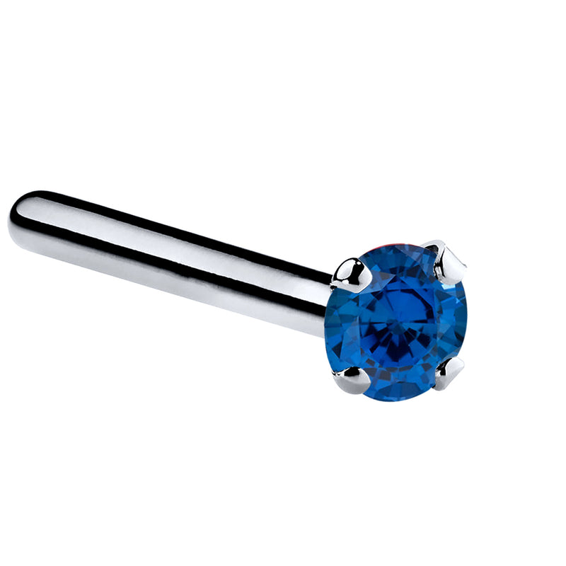 Platinum blue sapphire straight pin post nose ring with 1.5mm tiny stone in four-prong setting