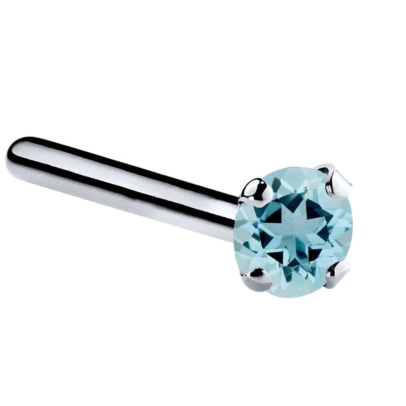 Platinum aquamarine straight pin post nose ring with 2mm standard blue gemstone