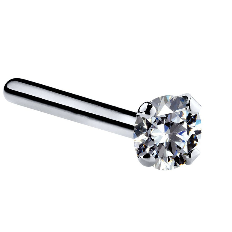 14k white gold CZ straight post nose stud showing flat post end and 2mm round CZ in prong setting