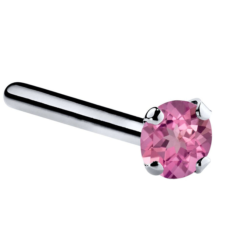 Platinum pink tourmaline straight post nose ring with 2mm standard genuine tourmaline, side view