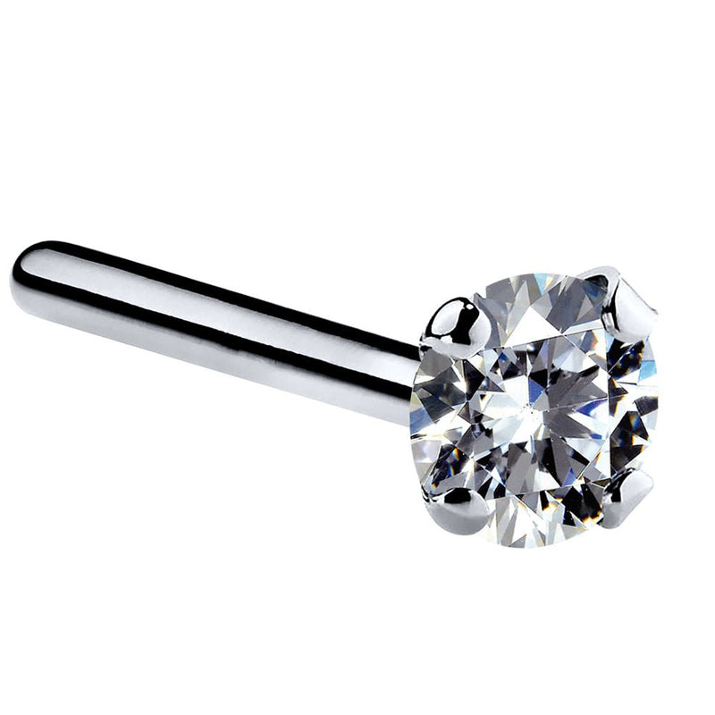 14k white gold 3mm CZ nose ring with straight pin post backing and martini-set cubic zirconia