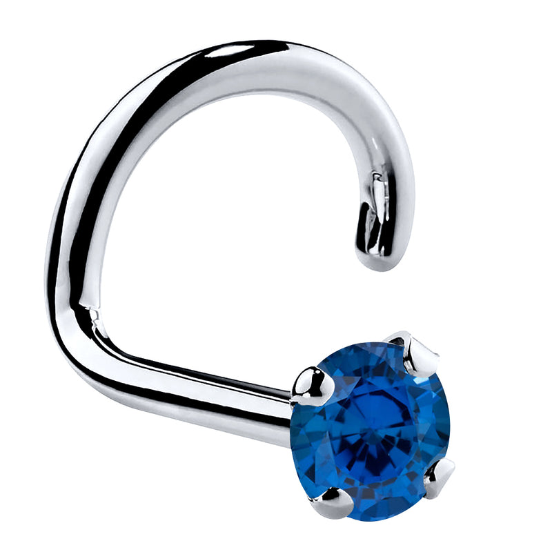 Platinum genuine sapphire twist nose ring with 2mm standard round stone in prong setting, side view
