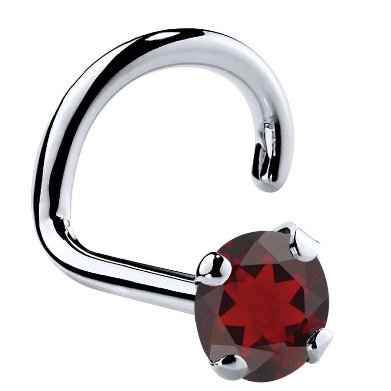 Platinum garnet nose ring twist style with 3mm large genuine red garnet, side profile