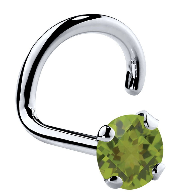 Platinum peridot nose ring twist style with 3mm large genuine green stone, side profile view