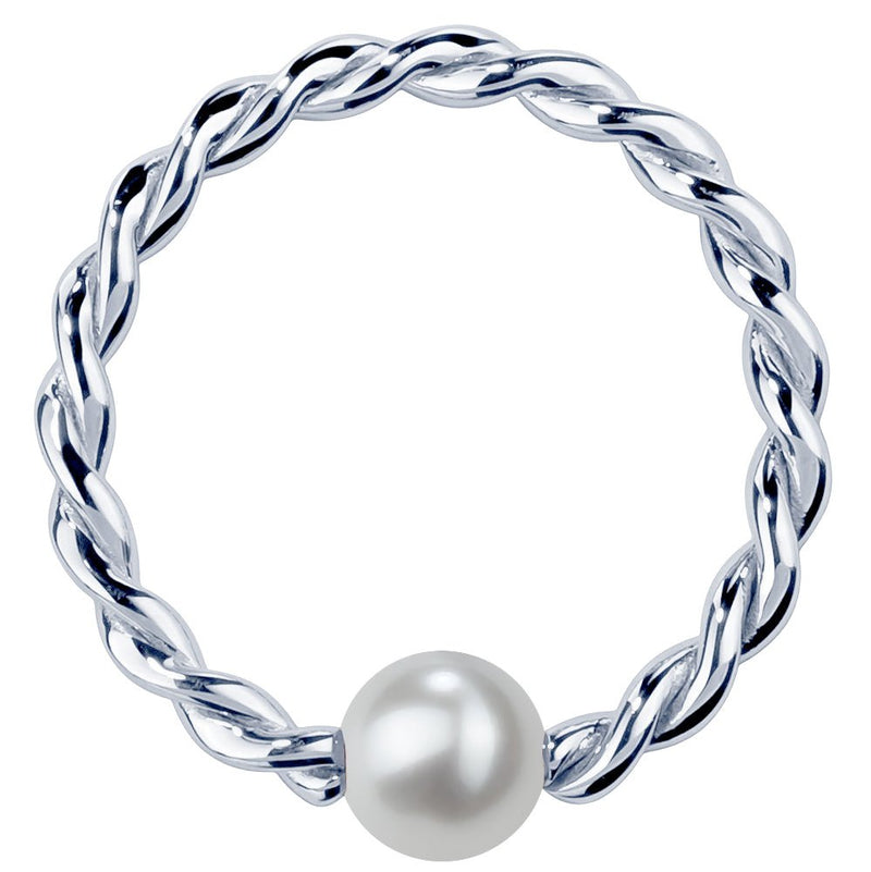 14K white gold twisted captive bead ring with cultured pearl, front view on white background