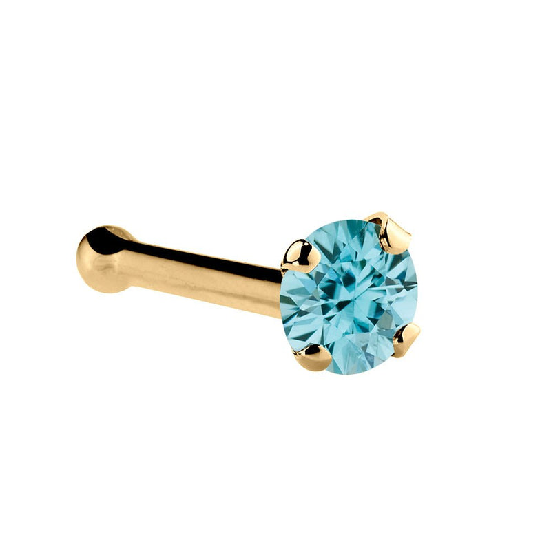 14K yellow gold bone nose ring with 1.5mm genuine blue zircon and ball end backing