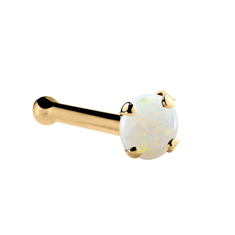 14K yellow gold genuine opal nose bone, 1.5mm tiny opal with ball-end post, angled view
