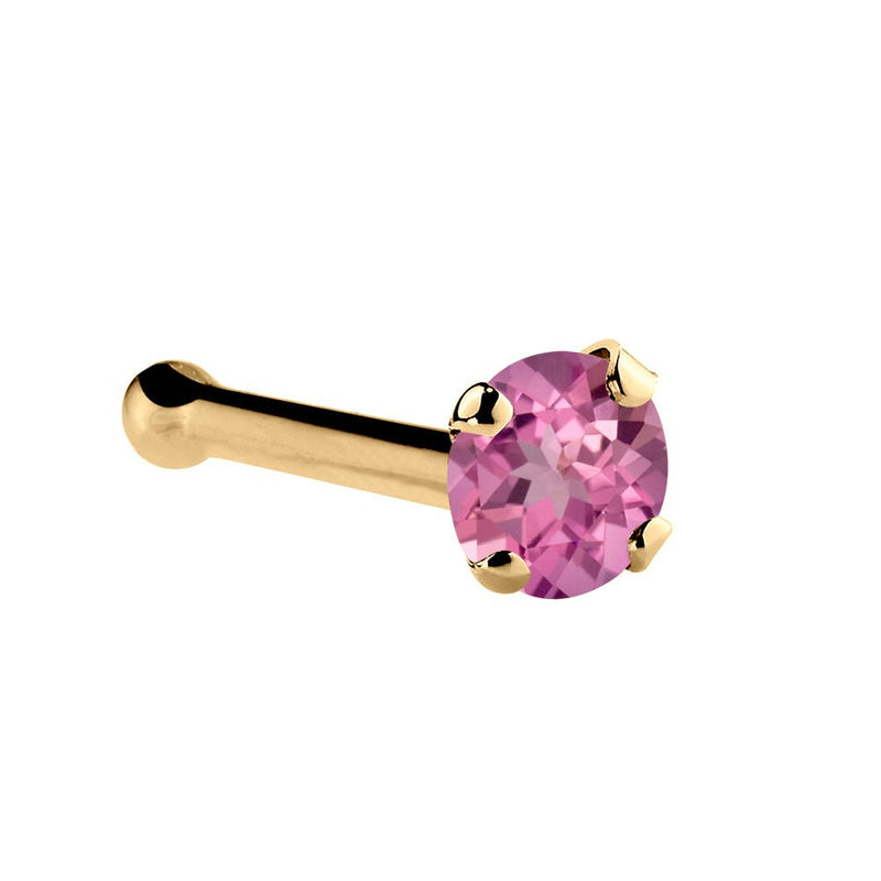 14K yellow gold pink tourmaline bone nose ring, 1.5mm tiny stone with ball end, side view