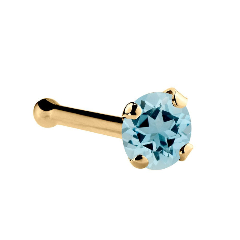 14K yellow gold aquamarine nose bone with 2mm standard blue stone and ball-end post