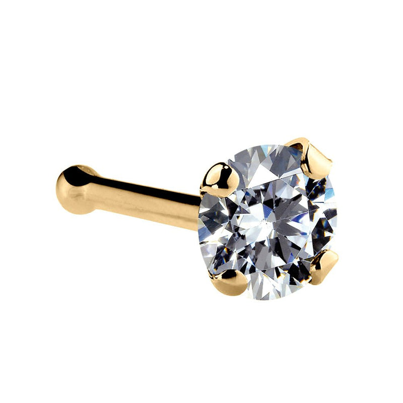 14k yellow gold 3mm CZ nose bone style with ball end backing and sparkling prong-set stone