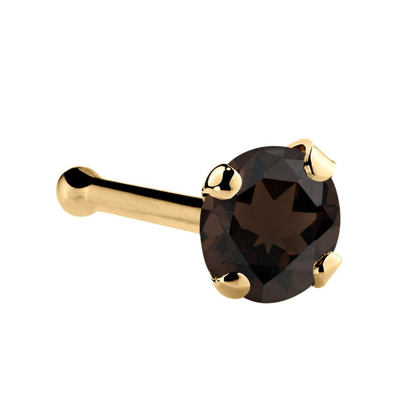 14K yellow gold smokey quartz nose bone with 3mm large brown stone, prong set, side angle