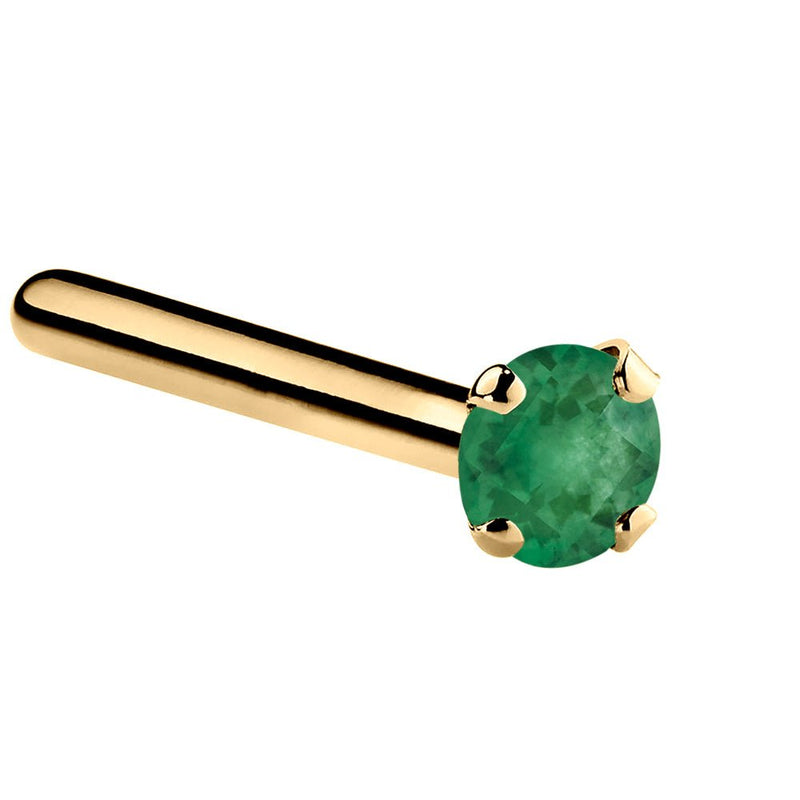 14K yellow gold genuine emerald straight pin nose stud with tiny 1.5mm prong-set green emerald
