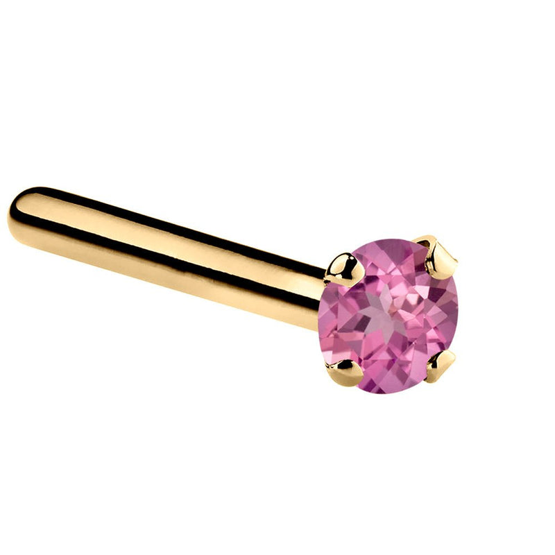 14K yellow gold pink tourmaline straight post nose ring with 1.5mm tiny genuine stone, side view