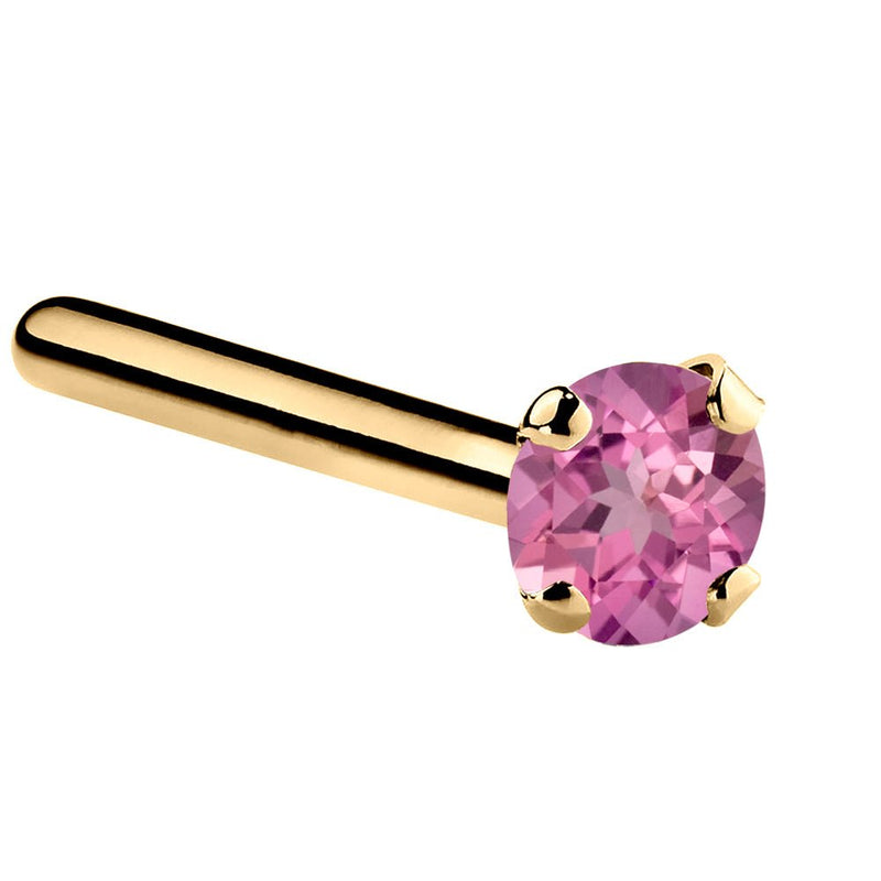 14K yellow gold pink tourmaline straight post nose ring with 2mm standard genuine gemstone, side view