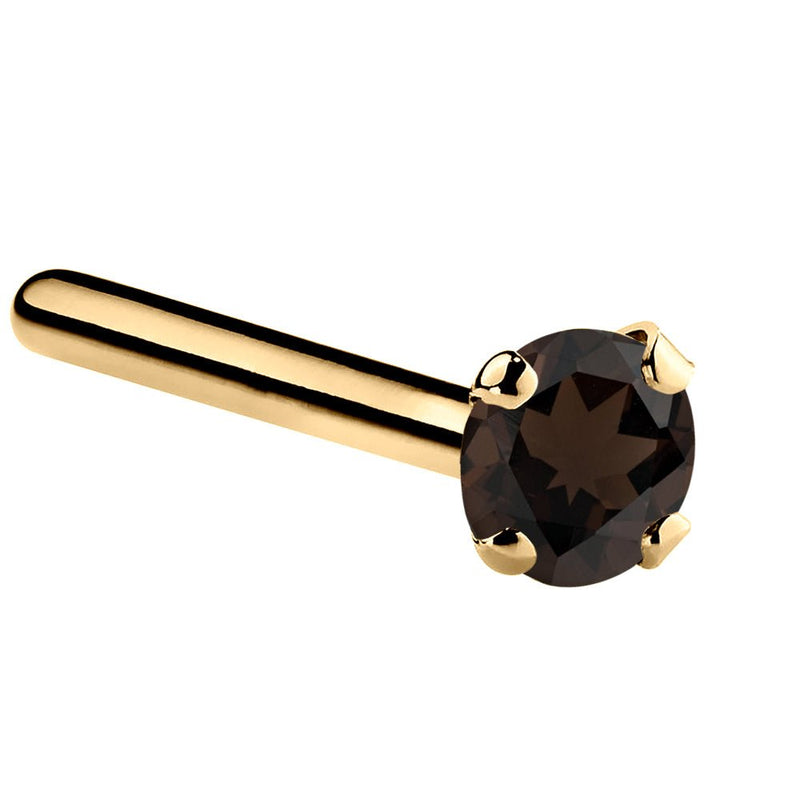 14K yellow gold smokey quartz straight pin post nose ring with 2mm standard brown stone