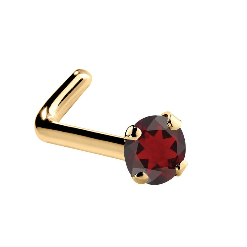 14K yellow gold garnet L-shape nose ring with 1.5mm tiny red garnet in four-prong setting