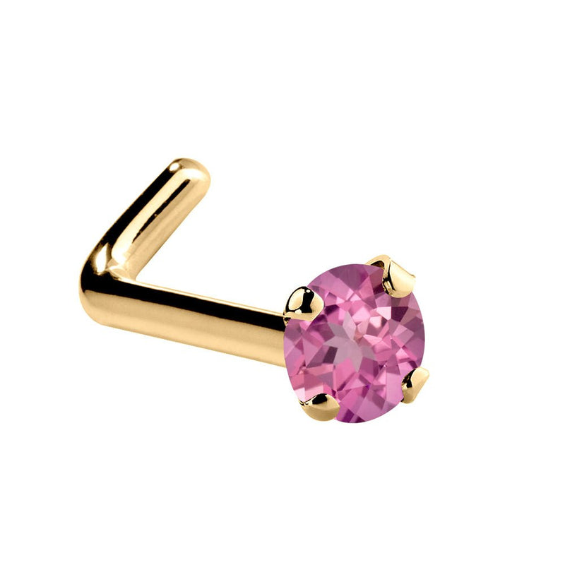 14K yellow gold pink tourmaline L-shape nose ring with 1.5mm tiny genuine stone, side view